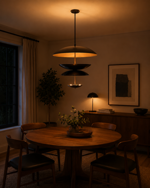 Noir Tiered Disc Chandelier installed above a round dining table in a warm modern interior.