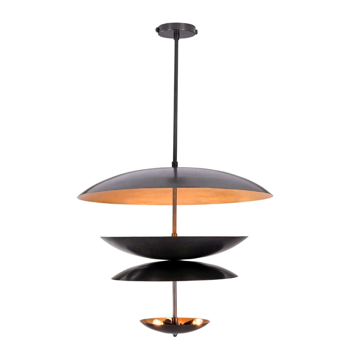 Front view of Noir Tiered Disc Chandelier with layered black disc shades and warm lower lights.