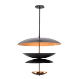 Front view of Noir Tiered Disc Chandelier with layered black disc shades and warm lower lights.