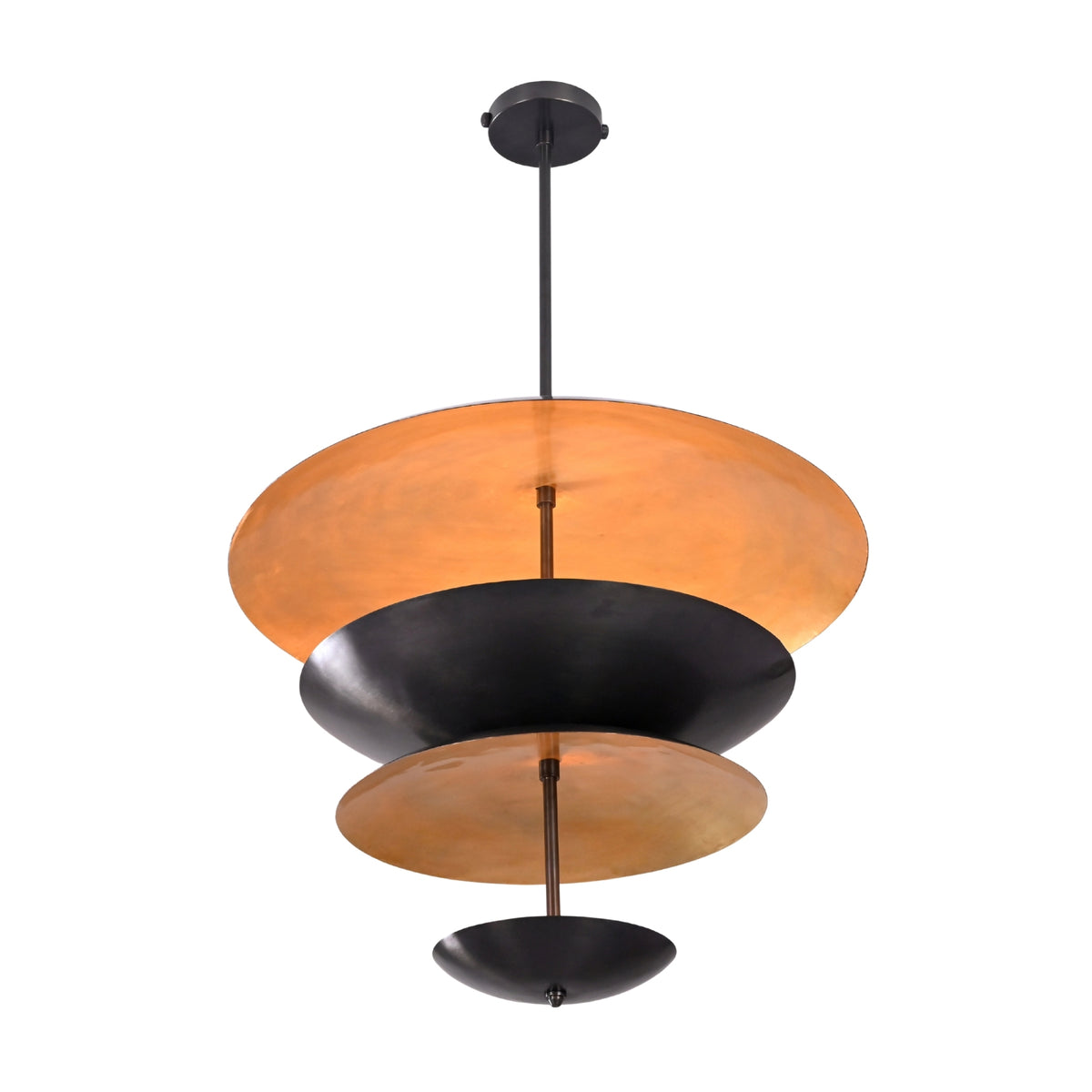 Underside view of Noir Tiered Disc Chandelier showing stacked circular shades and warm inner glow.