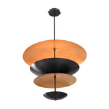 Underside view of Noir Tiered Disc Chandelier showing stacked circular shades and warm inner glow.