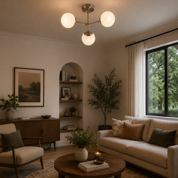 Notting Hill 3 light opal globe chandelier illuminated in a warm Mid-Century Modern living room with contemporary furnishings.