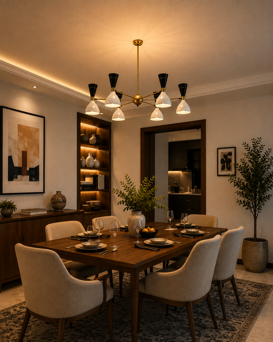 Notting Hill 12 light black and ivory cone chandelier centered above a modern wooden dining table with warm ambient lighting.