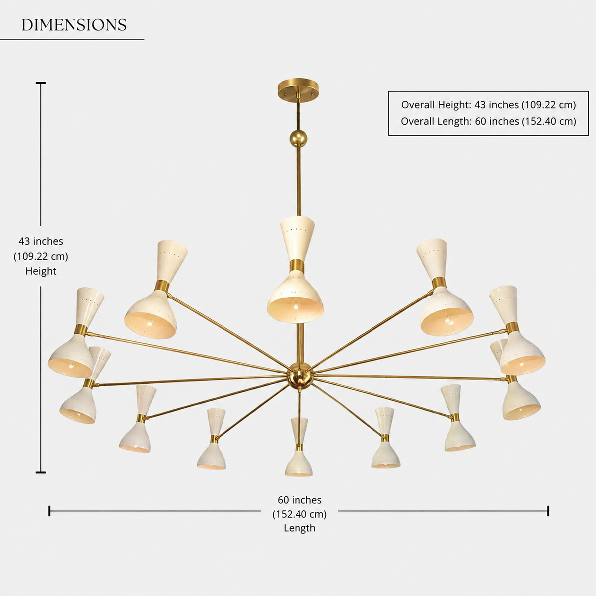 Orion 12 light chandelier dimensions showing 60 inch overall length and 43 inch overall height