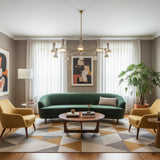 Orion 12 light Mid-Century Modern chandelier with ivory cone shades and radial brass arms on white background