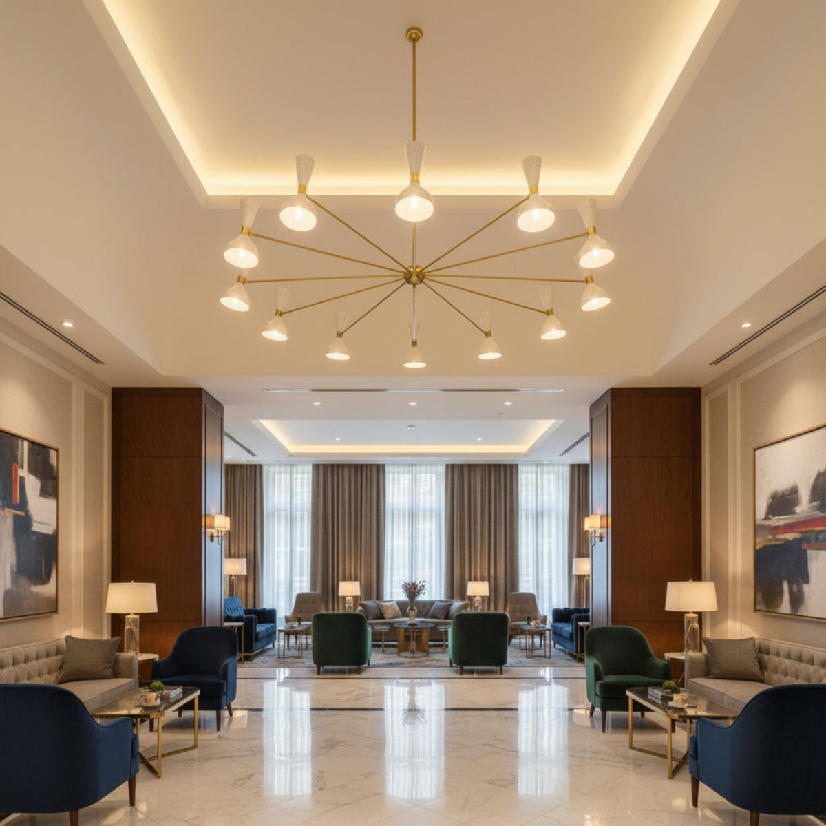 Full view of Orion 12 light multi-arm chandelier with ivory cone shades and Mid-Century Modern brass frame