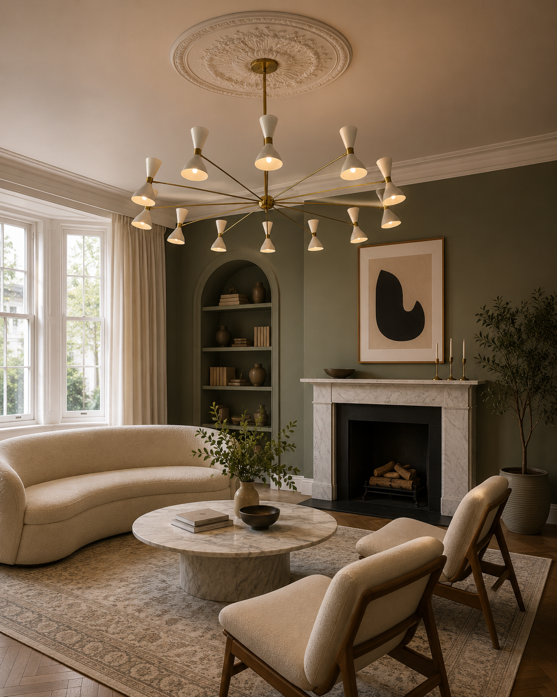 Orion 12 light multi-arm cone chandelier with ivory shades and brass frame displayed in an elegant modern living room