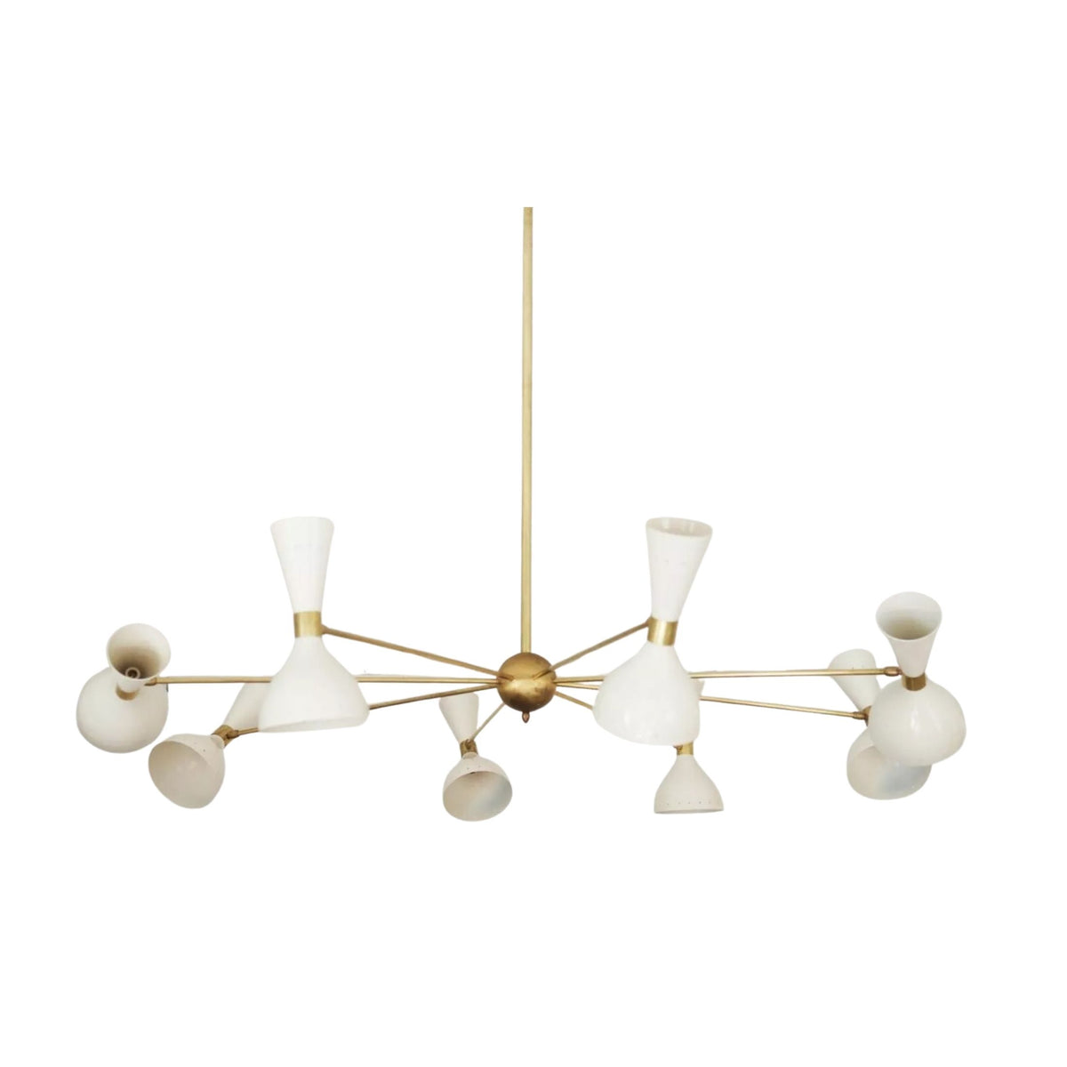 Orion 16-light brass chandelier featuring sculptural white cone shades and wide starburst design