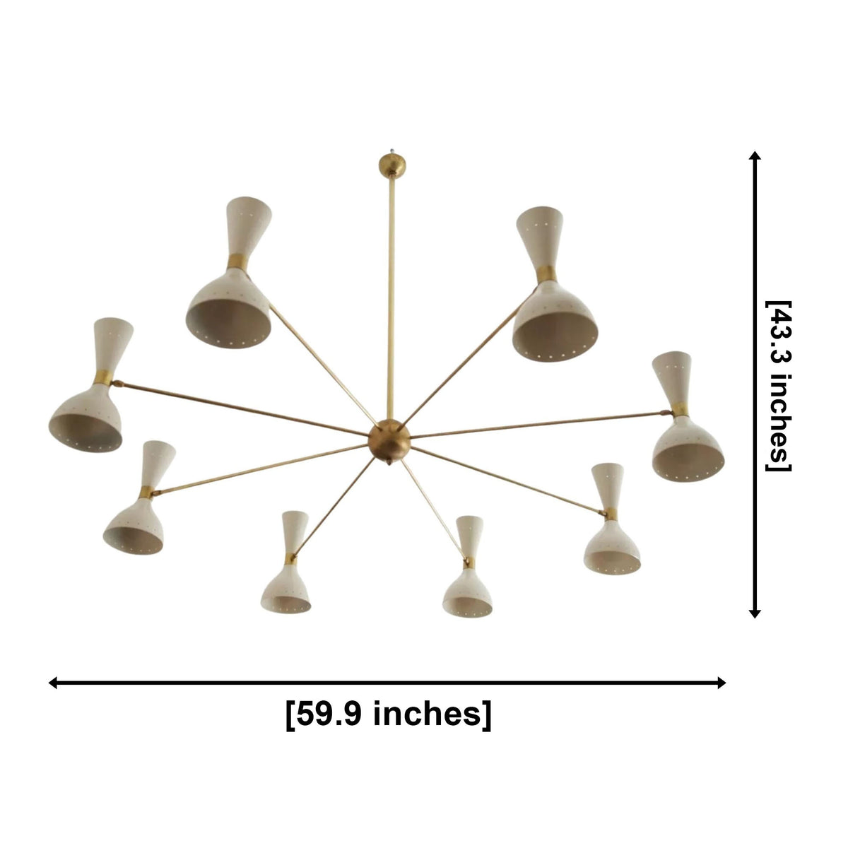 Spatula-style chandelier with eight cream-colored cone-shaped shades and a brass central hub and arms, shown with dimension lines indicating a width of 59.9 inches and a height of 43.