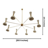 Spatula-style chandelier with eight cream-colored cone-shaped shades and a brass central hub and arms, shown with dimension lines indicating a width of 59.9 inches and a height of 43.