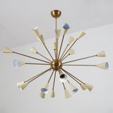Front view of the Orion 24-Light Mid-Century Sputnik Chandelier featuring handcrafted tapered cone shades, a solid brass frame, and a sculptural starburst design.