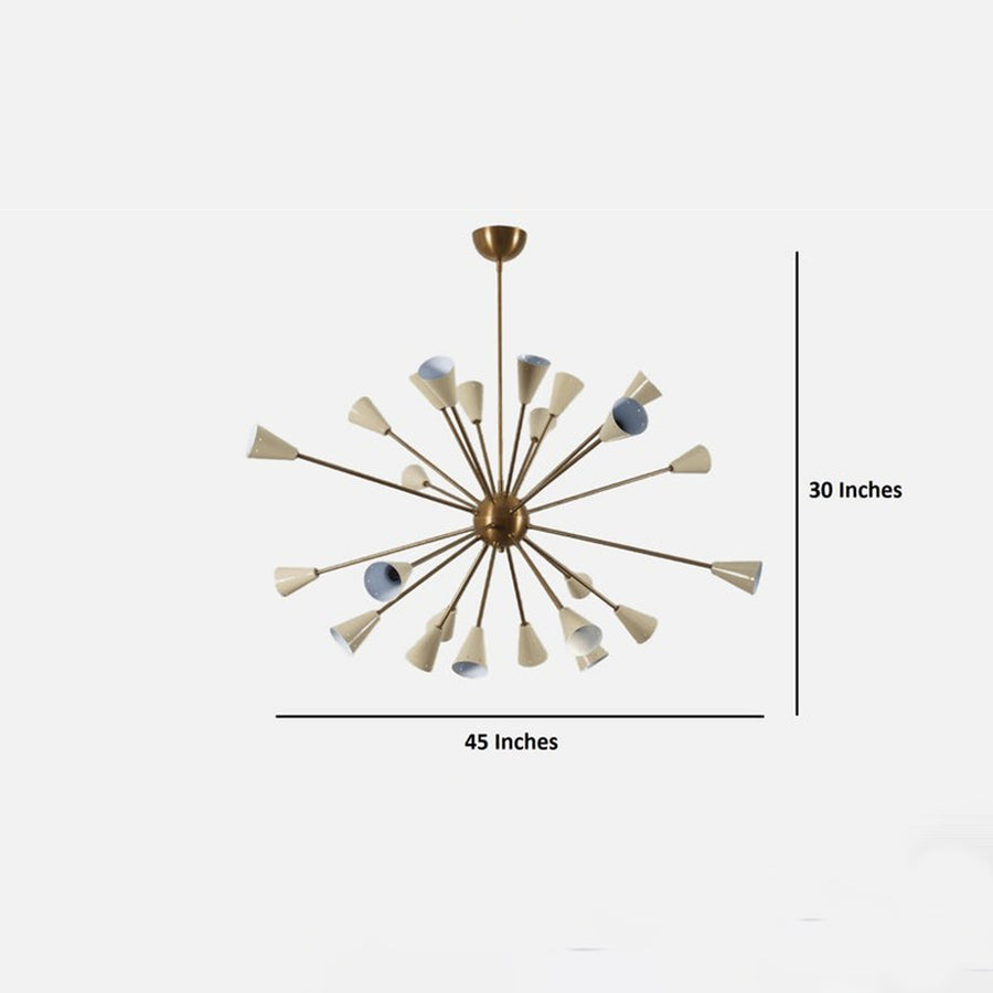 Orion 24-Light Mid-Century Sputnik Chandelier installed in a contemporary living room, showcasing its brass starburst design and handcrafted cone shades as a striking focal point.