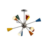 Orion colorful 12-light Sputnik chandelier featuring radiating metal arms and multicolor cone shades on a white background.
