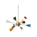 Angled view of Orion 12-light Sputnik chandelier with colorful cone shades and sculptural radiating arms.