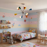 Orion 12-light Mid-Century Modern Sputnik chandelier with multicolor cone shades and metal starburst frame, front product view.