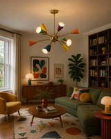 Orion 12-light colorful Mid-Century Modern Sputnik chandelier displayed in a warm retro-inspired living room interior.