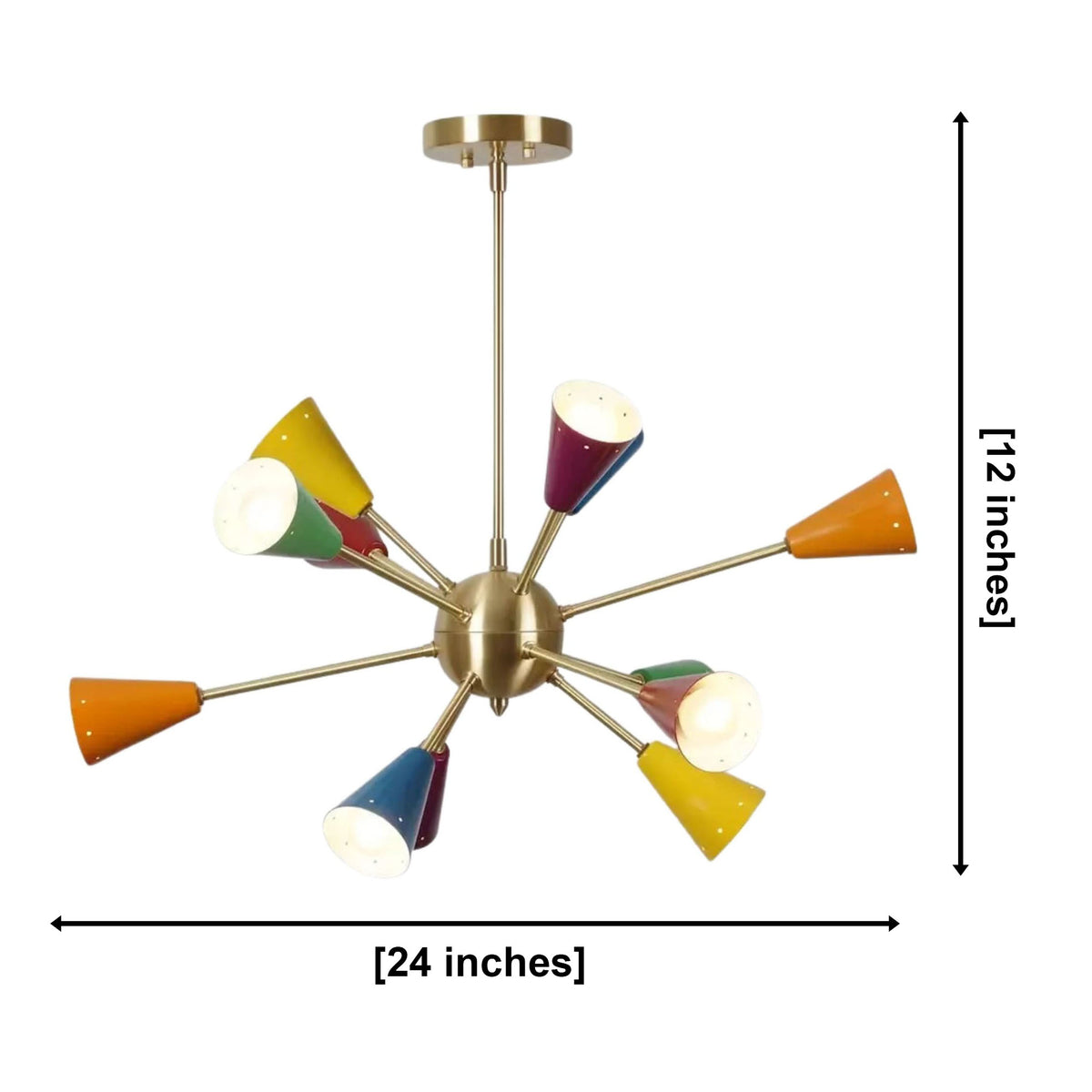 Orion 12-light multicolor Sputnik chandelier dimensions showing 24-inch width and 12-inch height.