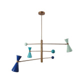 Orion Mid-Century Modern chandelier featuring brass multi arms, three colorful cone lights and decorative sphere accents