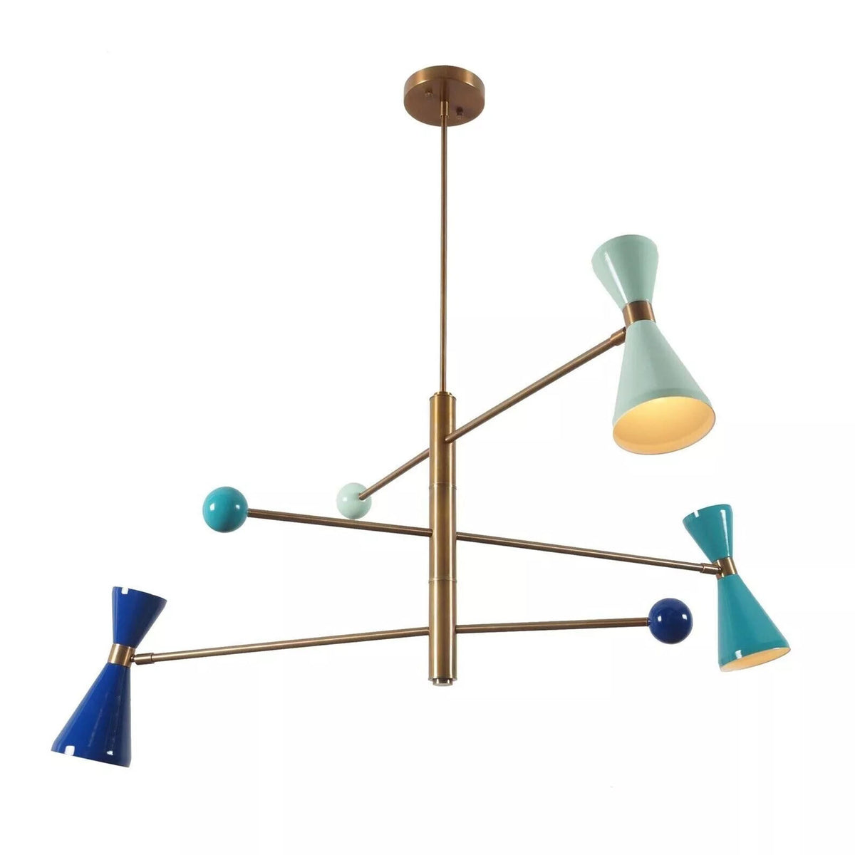 Full view of Orion 48 inch Mid-Century Sputnik chandelier with three cone lights and blue mint turquoise accents
