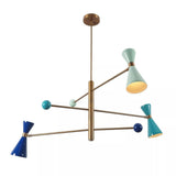 Full view of Orion 48 inch Mid-Century Sputnik chandelier with three cone lights and blue mint turquoise accents