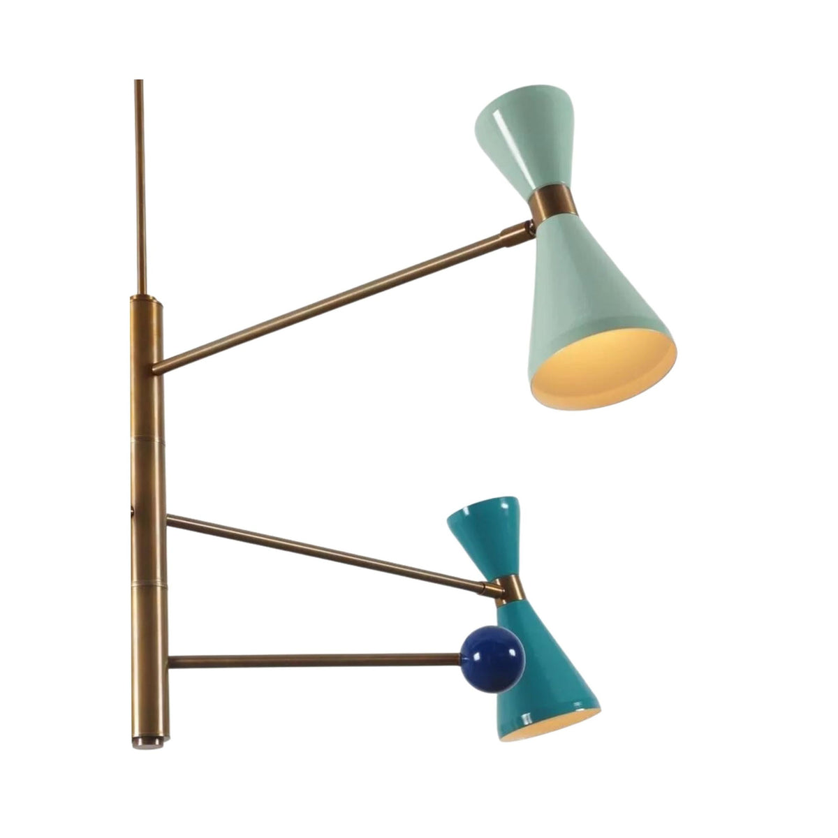 Close-up of Orion chandelier showing mint and turquoise double cone shades, brass arms and blue sphere accent