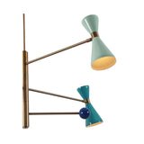 Close-up of Orion chandelier showing mint and turquoise double cone shades, brass arms and blue sphere accent
