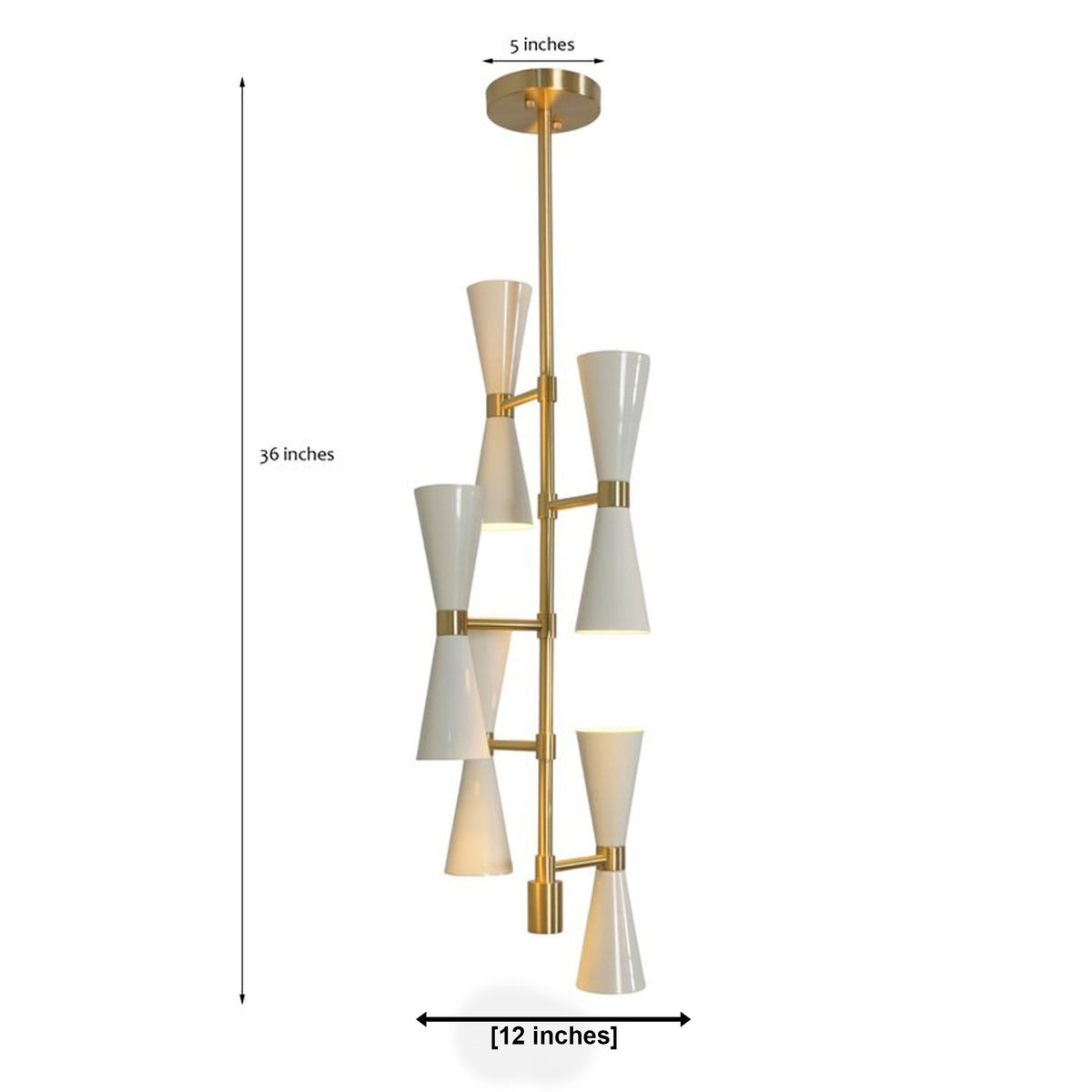 Orion Double Cone Cascade Chandelier 10 Light 12 Inch Model 62073 front view with dimensions showing brass frame and white double cone metal shades.