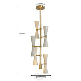 Orion Double Cone Cascade Chandelier 10 Light 12 Inch Model 62073 front view with dimensions showing brass frame and white double cone metal shades.
