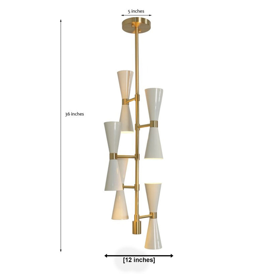 Orion Double Cone Cascade Chandelier 10 Light installed above a modern kitchen island, adding elegant Mid-Century Modern lighting with warm ambient illumination.