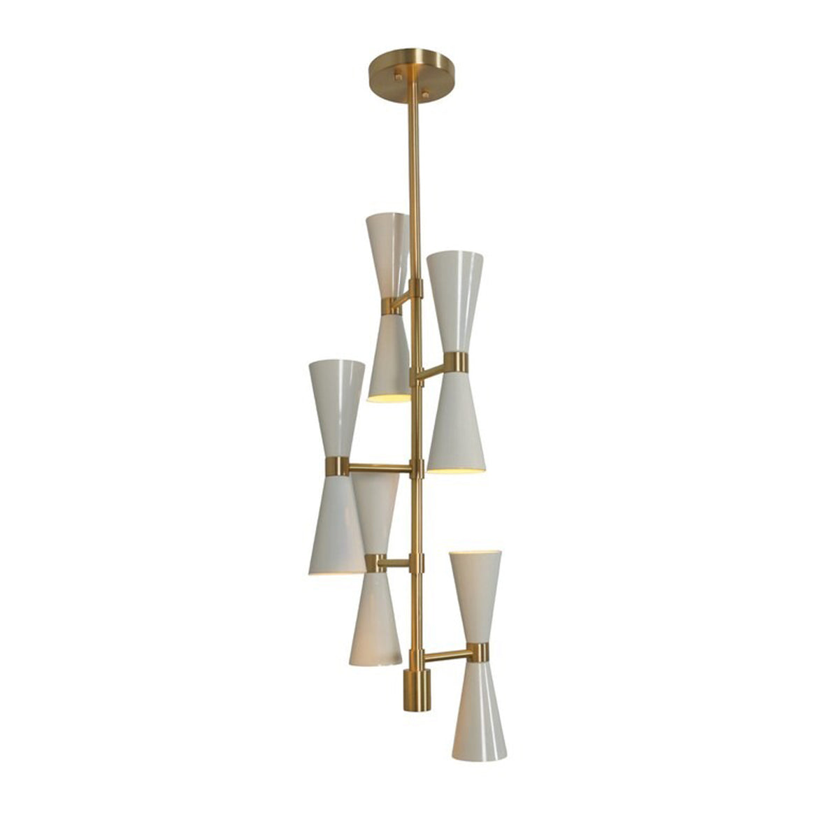 Angled view of the Orion Double Cone Cascade Chandelier highlighting the sculptural vertical arrangement of ten white double cone shades and brass detailing.