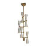 Angled view of the Orion Double Cone Cascade Chandelier highlighting the sculptural vertical arrangement of ten white double cone shades and brass detailing.