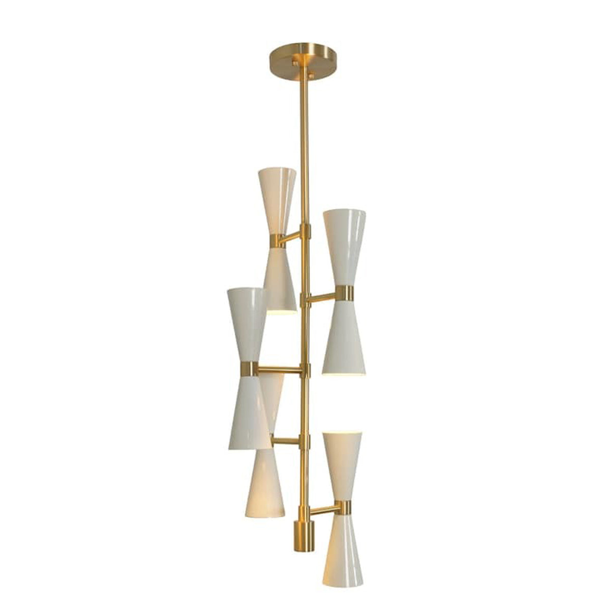 Front view of the Orion Double Cone Cascade Chandelier featuring ten white double cone shades with a brushed brass frame in a Mid-Century Modern design.