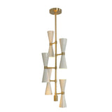 Front view of the Orion Double Cone Cascade Chandelier featuring ten white double cone shades with a brushed brass frame in a Mid-Century Modern design.
