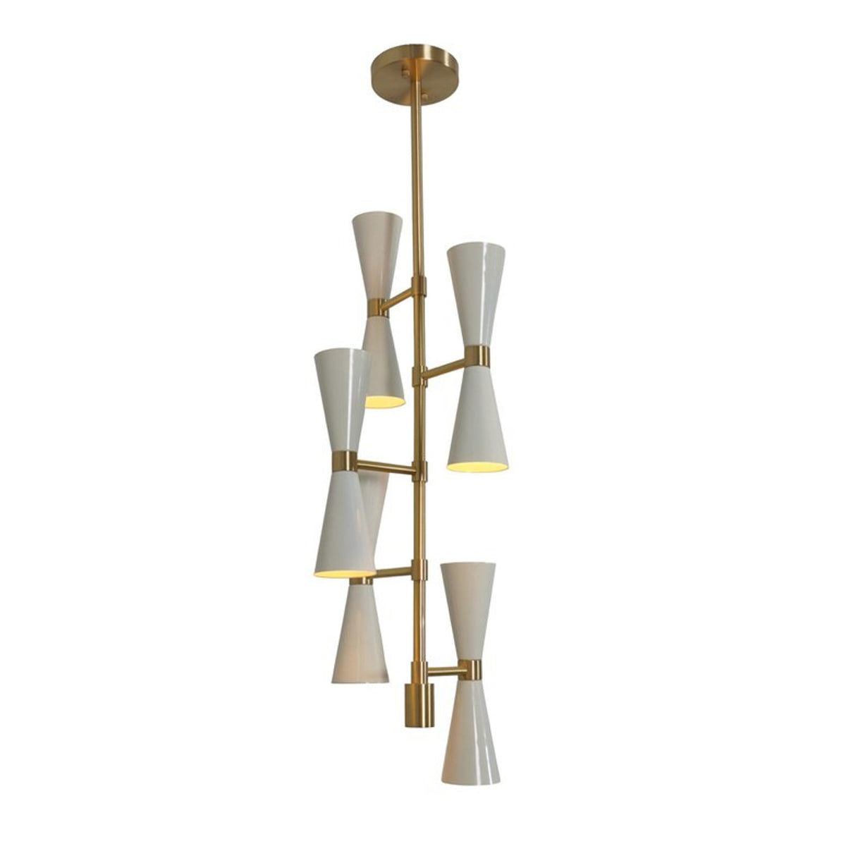 Illuminated Orion Double Cone Cascade Chandelier with warm ambient light showcasing handcrafted white double cone shades and a premium brass frame.