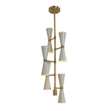 Illuminated Orion Double Cone Cascade Chandelier with warm ambient light showcasing handcrafted white double cone shades and a premium brass frame.