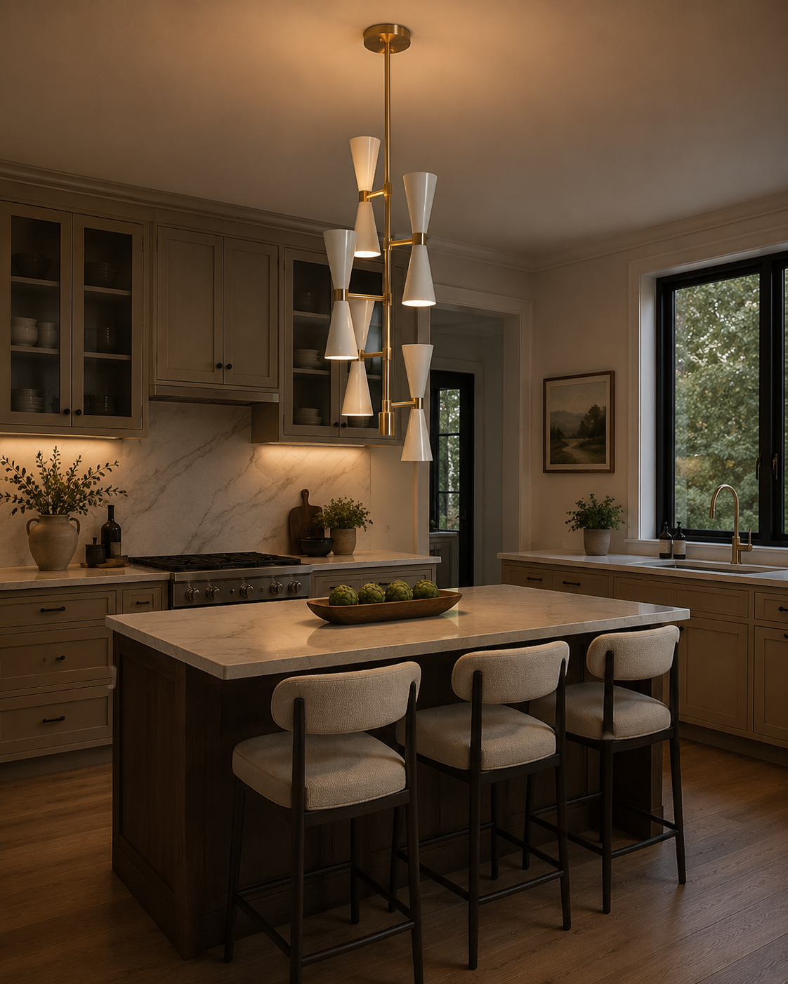 Orion Double Cone Cascade Chandelier 10 Light installed above a modern kitchen island, adding elegant Mid-Century Modern lighting with warm ambient illumination.