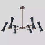 Front view of the Orion 12-Light Double Cone Chandelier featuring handcrafted hourglass metal shades, a solid brass frame, and a Mid-Century Modern radial design.