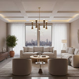 Angled product view of Orion 10-light brass chandelier with geometric double cone shades and globe bulbs.