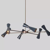 Angled view of the Orion 12-Light Double Cone Chandelier showcasing sculptural double cone shades, premium brass construction, and dual-directional lighting.