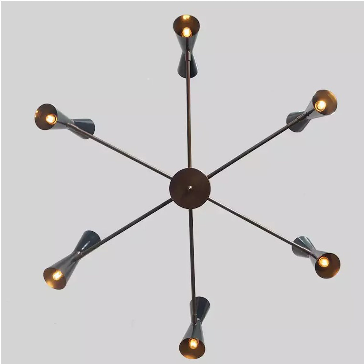 Bottom view of the Orion 12-Light Double Cone Chandelier displaying the symmetrical radial layout and handcrafted double cone metal shades.