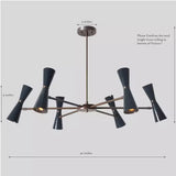 Dimensions of the Orion 12-Light Double Cone Chandelier measuring 40 inches wide with 9-inch fixture height, 5-inch ceiling canopy, and adjustable down rod suspension.
