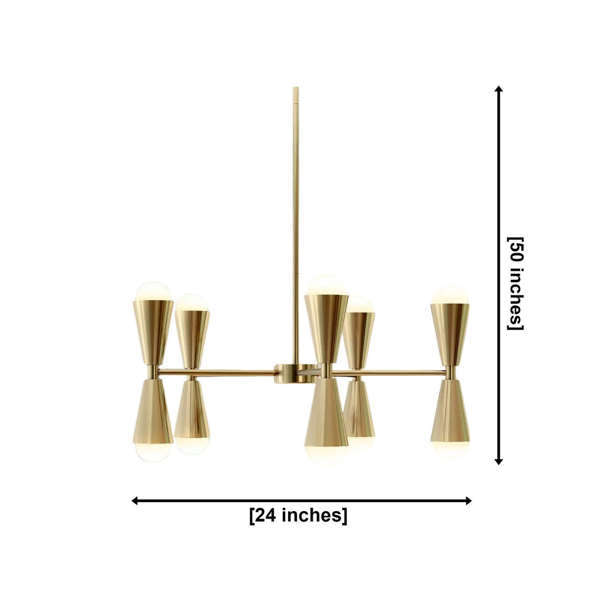 Orion 10-light double cone chandelier dimensions showing 24-inch width and 50-inch overall height.