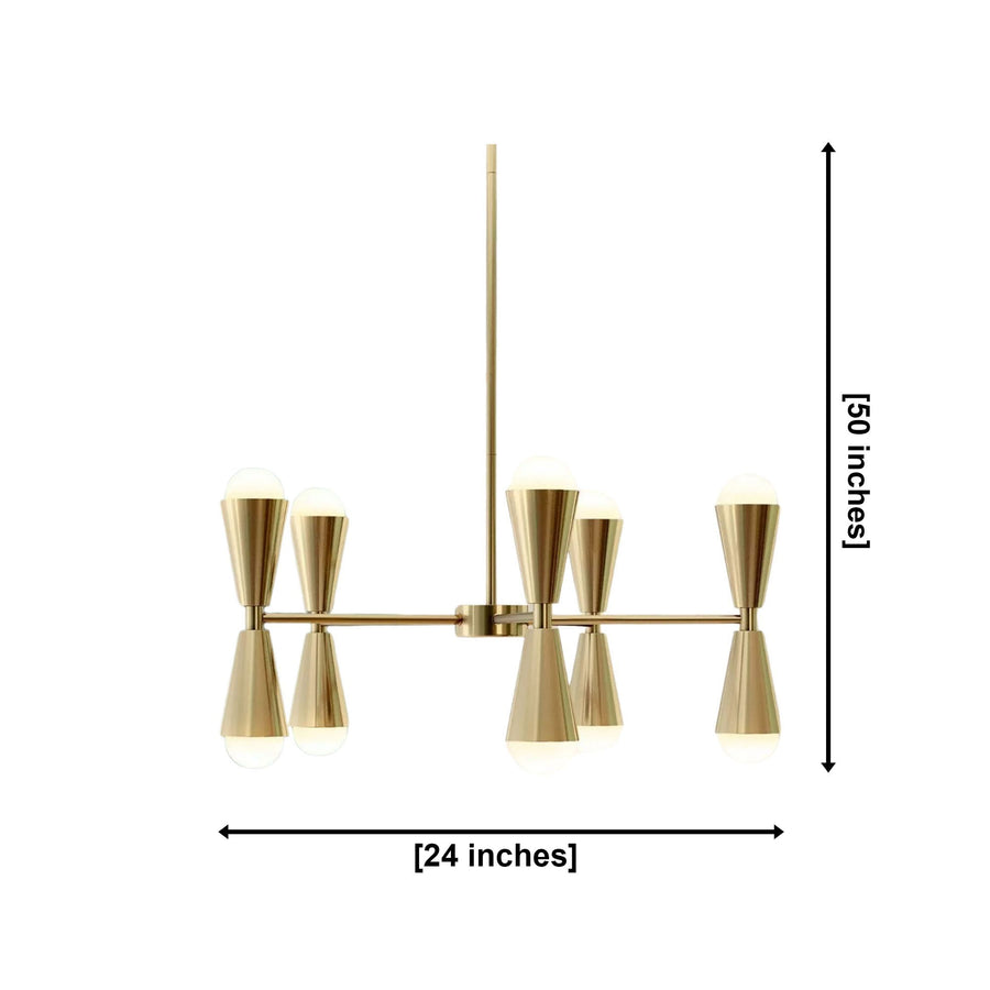 Orion 10-light brass double cone chandelier installed above a dining table in a warm modern dining room.