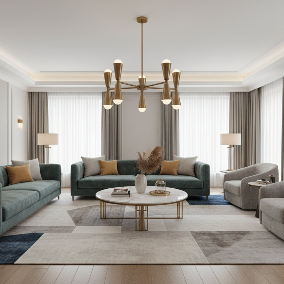 Orion 10-light brass double cone chandelier illuminated to show warm lighting and Mid-Century Modern styling.