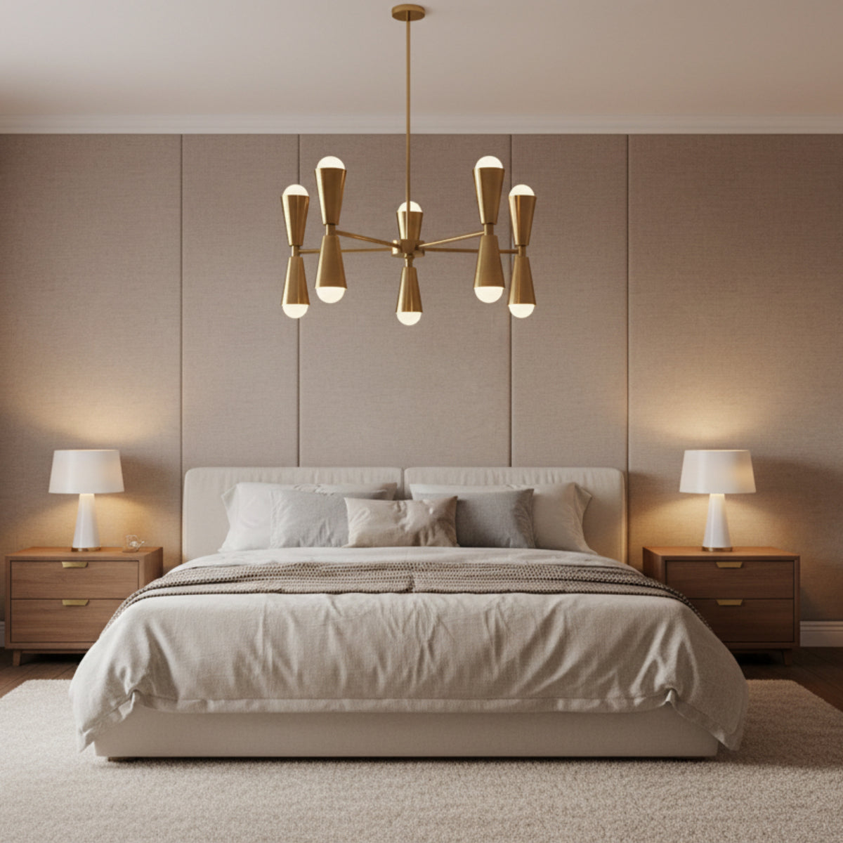 Orion 10-light brass chandelier featuring tapered double cone shades and exposed globe bulbs on a white background.