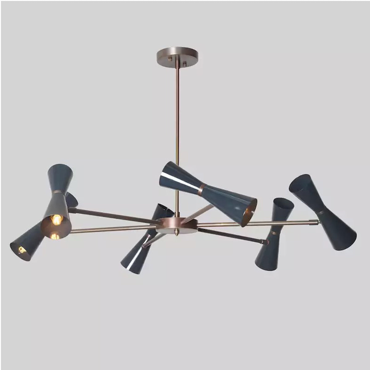 Side perspective of the Orion 12-Light Double Cone Chandelier highlighting its geometric radial frame, handcrafted double cone shades, and contemporary Mid-Century styling.