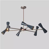 Side perspective of the Orion 12-Light Double Cone Chandelier highlighting its geometric radial frame, handcrafted double cone shades, and contemporary Mid-Century styling.