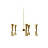 Straight view of Orion 10-light Mid-Century Modern chandelier with brass double cone shades and horizontal arms.