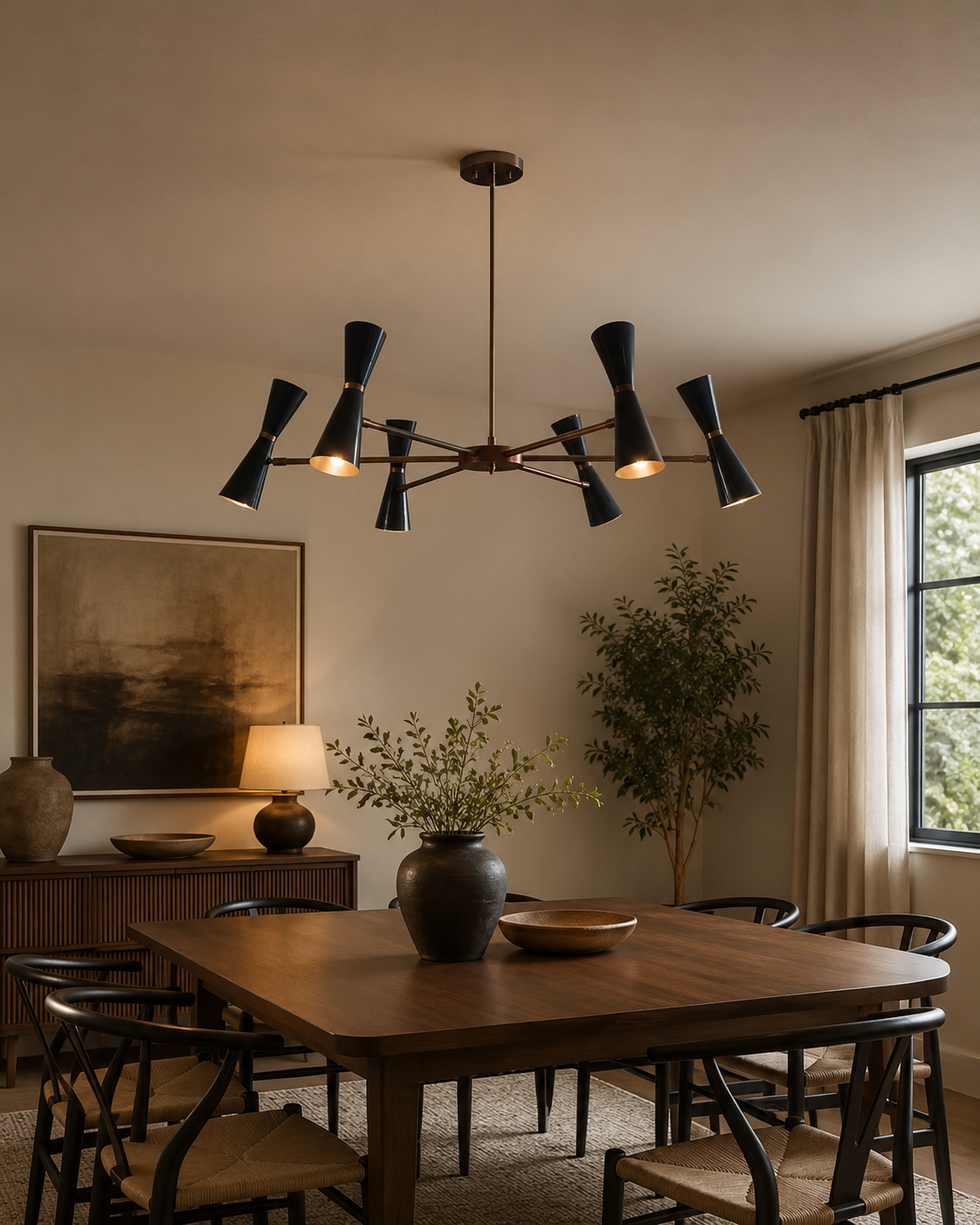 Orion 12-Light Double Cone Chandelier installed above a modern dining table, featuring handcrafted hourglass shades and a Mid-Century Modern brass frame that creates a bold architectural centerpiece.