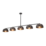 Angled perspective of the Orion modern 5-light linear chandelier with handcrafted dome shades and architectural 72-inch profile.